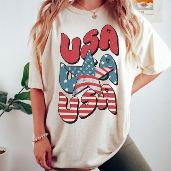 Hand Crafted Tops - Retro USA Flag Comfort Colors Shirt, 4th Of July Tee, Retro Funny Fourth Of July